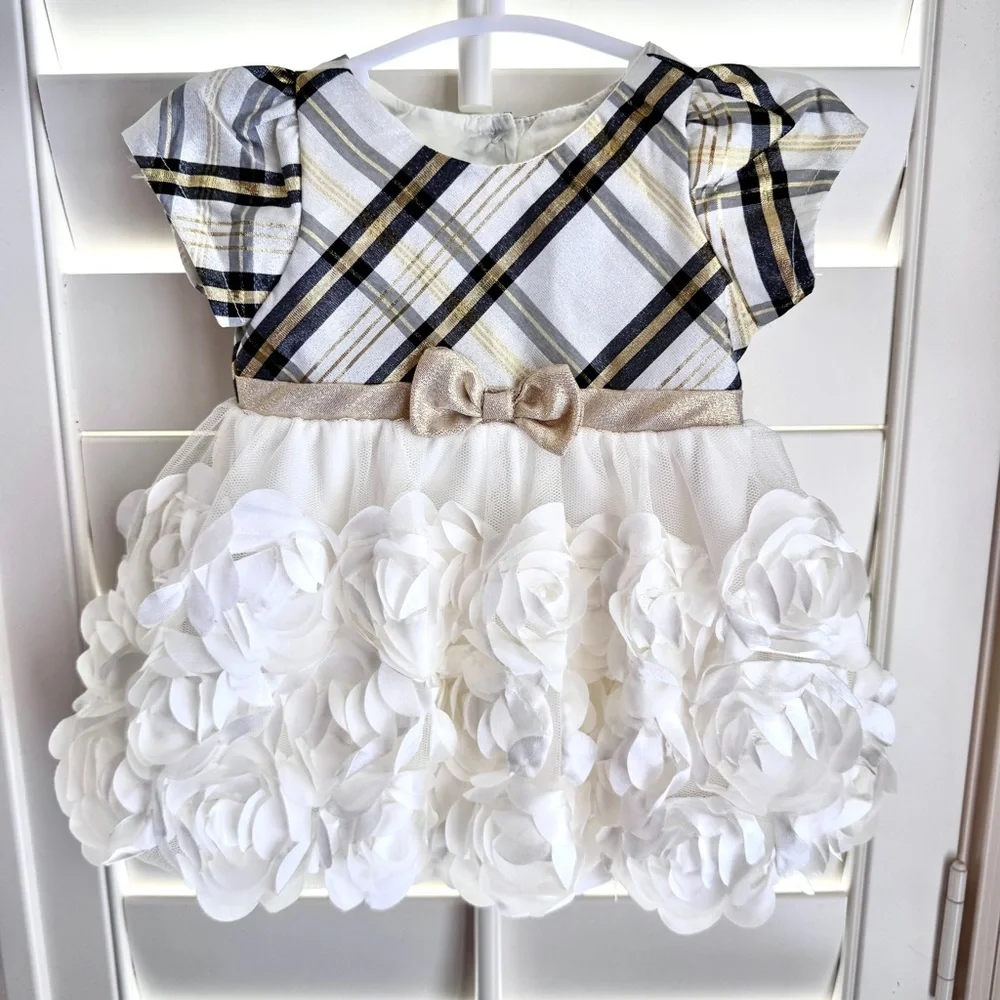 Nannette Baby Girl Holiday Plaid Rosette Party Dress Metallic Gold White 0/3M